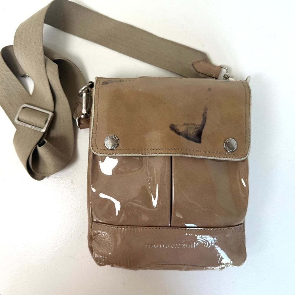 Brunello Cucinelli Taupe Patent Leather Crossbody Bag‎ Adjustable Strap Italy